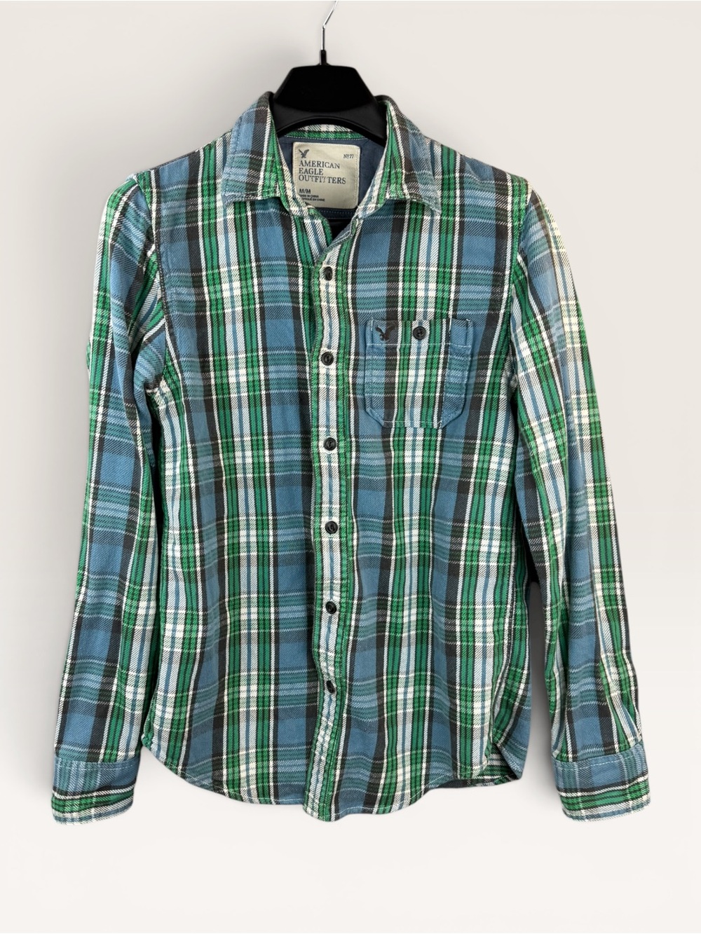 American Eagle Men's Blue Green Plaid Button-Down Shirt Heavyweight